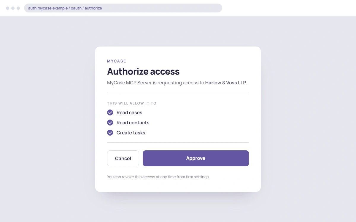 Browser OAuth approval screen for authorizing the MyCase MCP connector, demo firm account