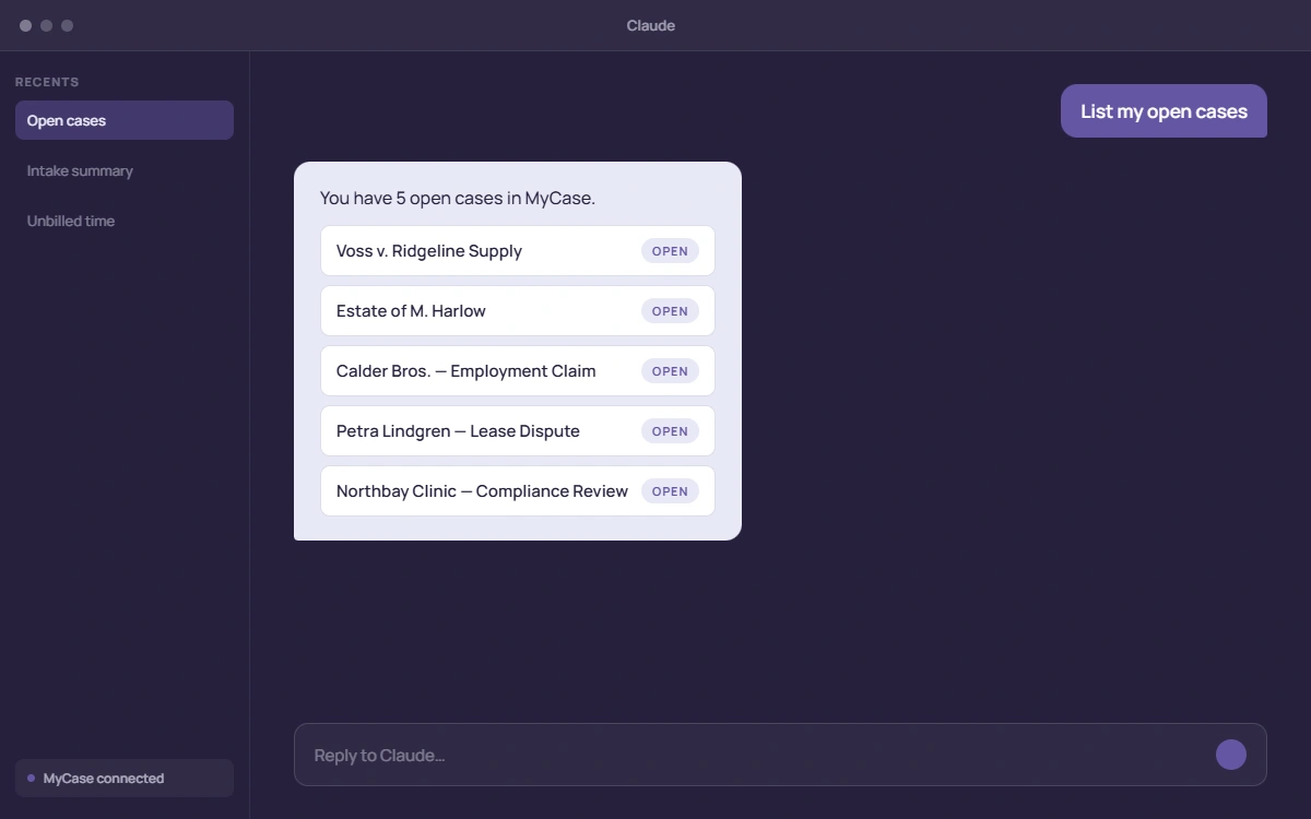 Claude Desktop answering "List my open cases" with live demo MyCase case data