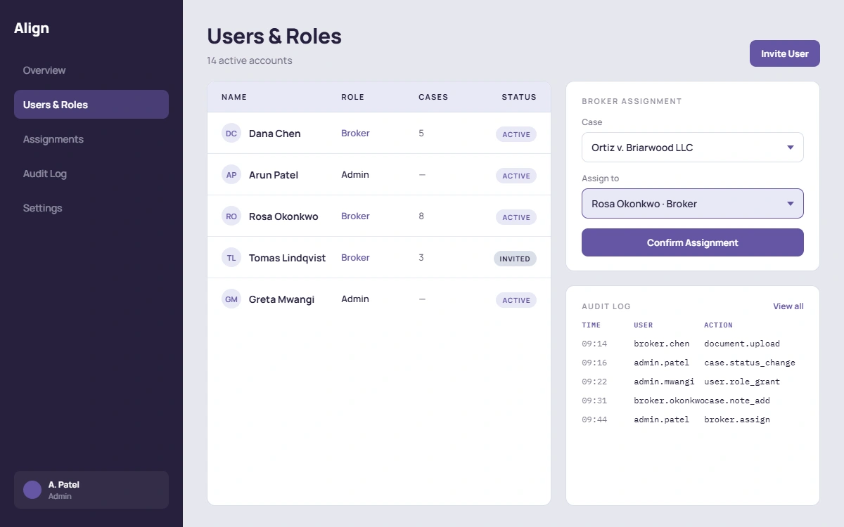 Align admin portal showing demo case oversight, user management, and the audit log viewer