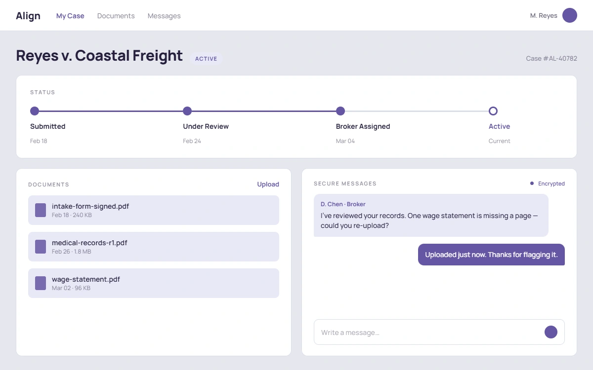 Align client portal showing a demo claimant's case status, uploaded documents, and secure messaging with their broker