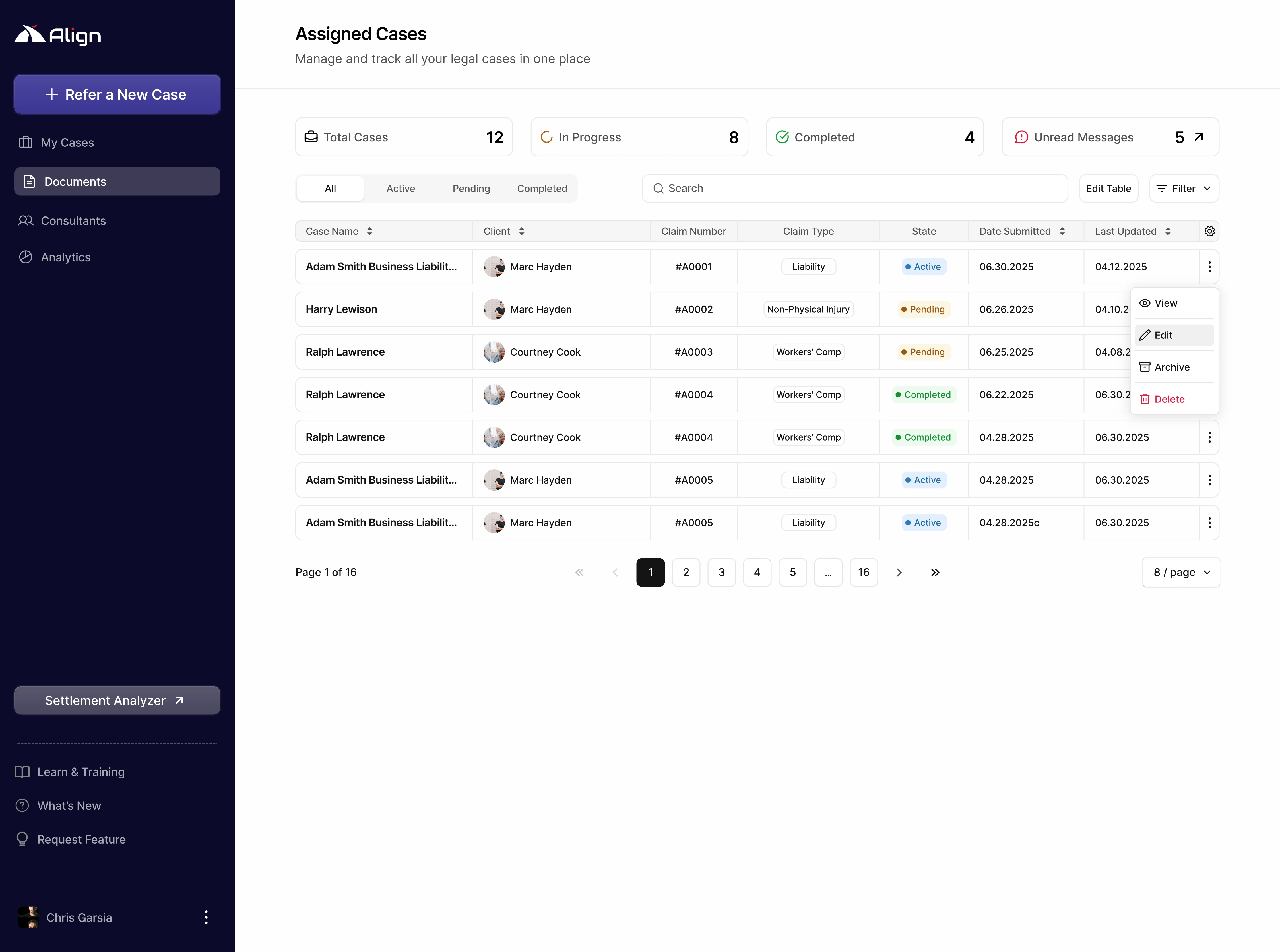 Align broker dashboard showing a demo broker's assigned case list with status badges and priority flags
