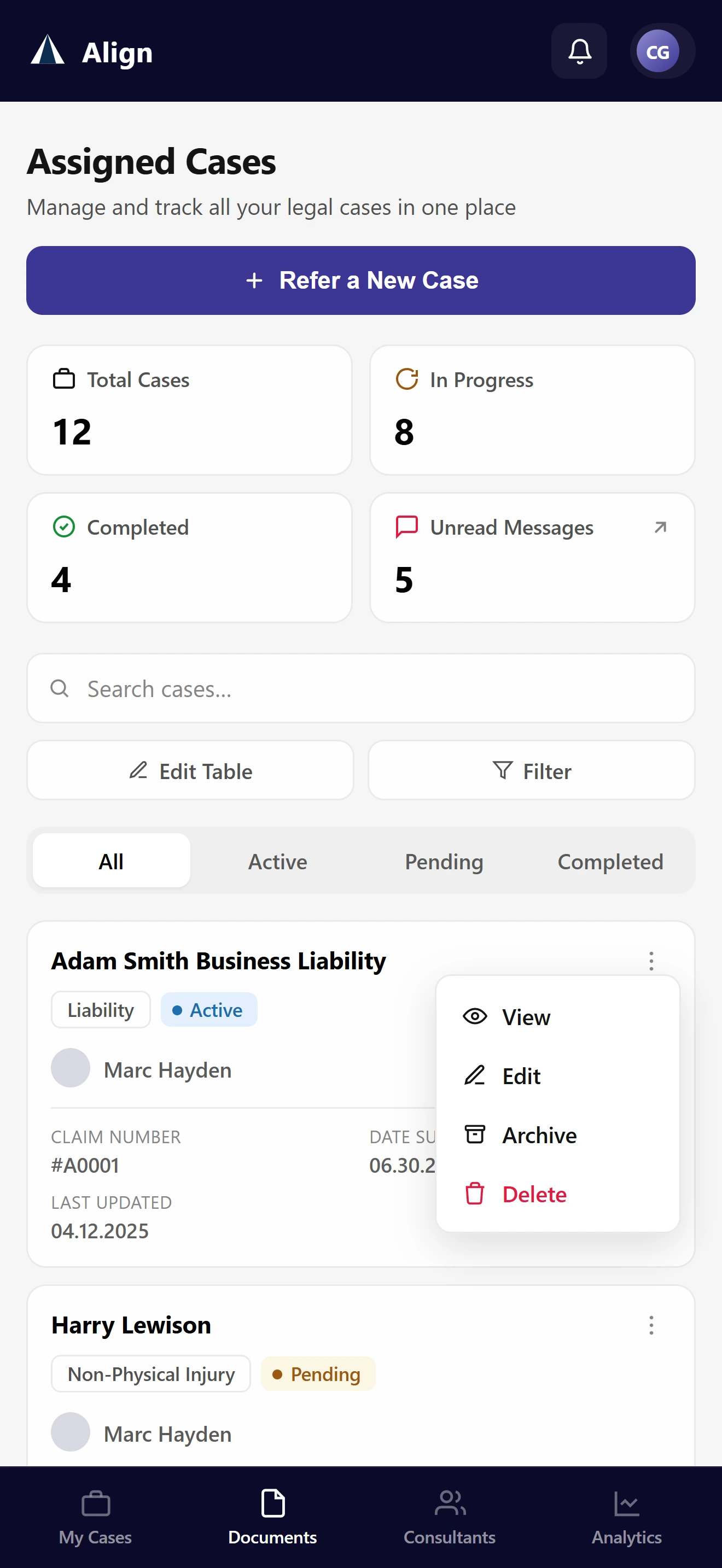 Align mobile view of a broker's case list