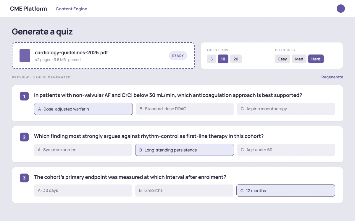 AI content engine screen showing a demo PDF upload turning into a generated quiz with configurable difficulty