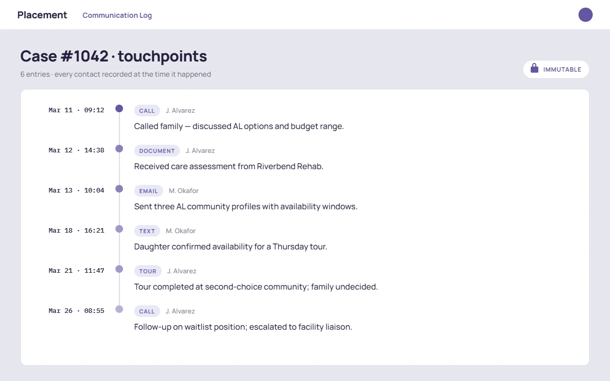 Append-only touchpoint timeline for a demo case, showing calls, texts, emails, and tours logged in order