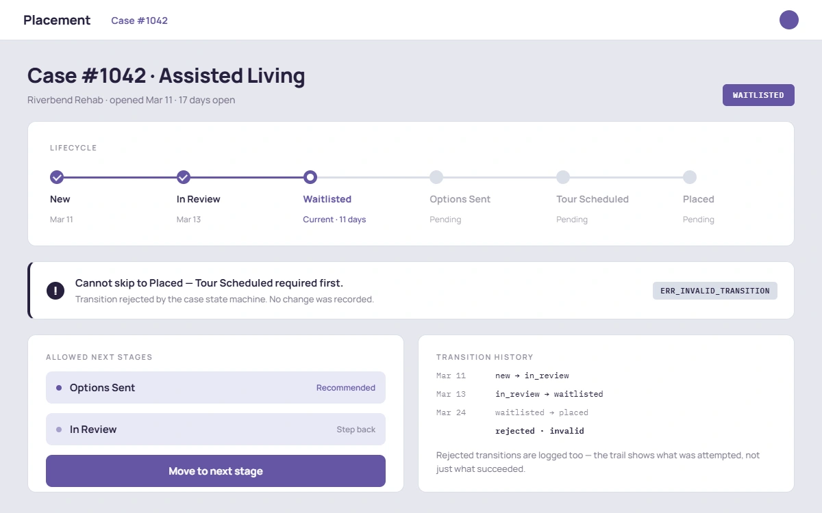 Case detail view showing the current lifecycle status, the next allowed transition, and a blocked-transition error for a demo case