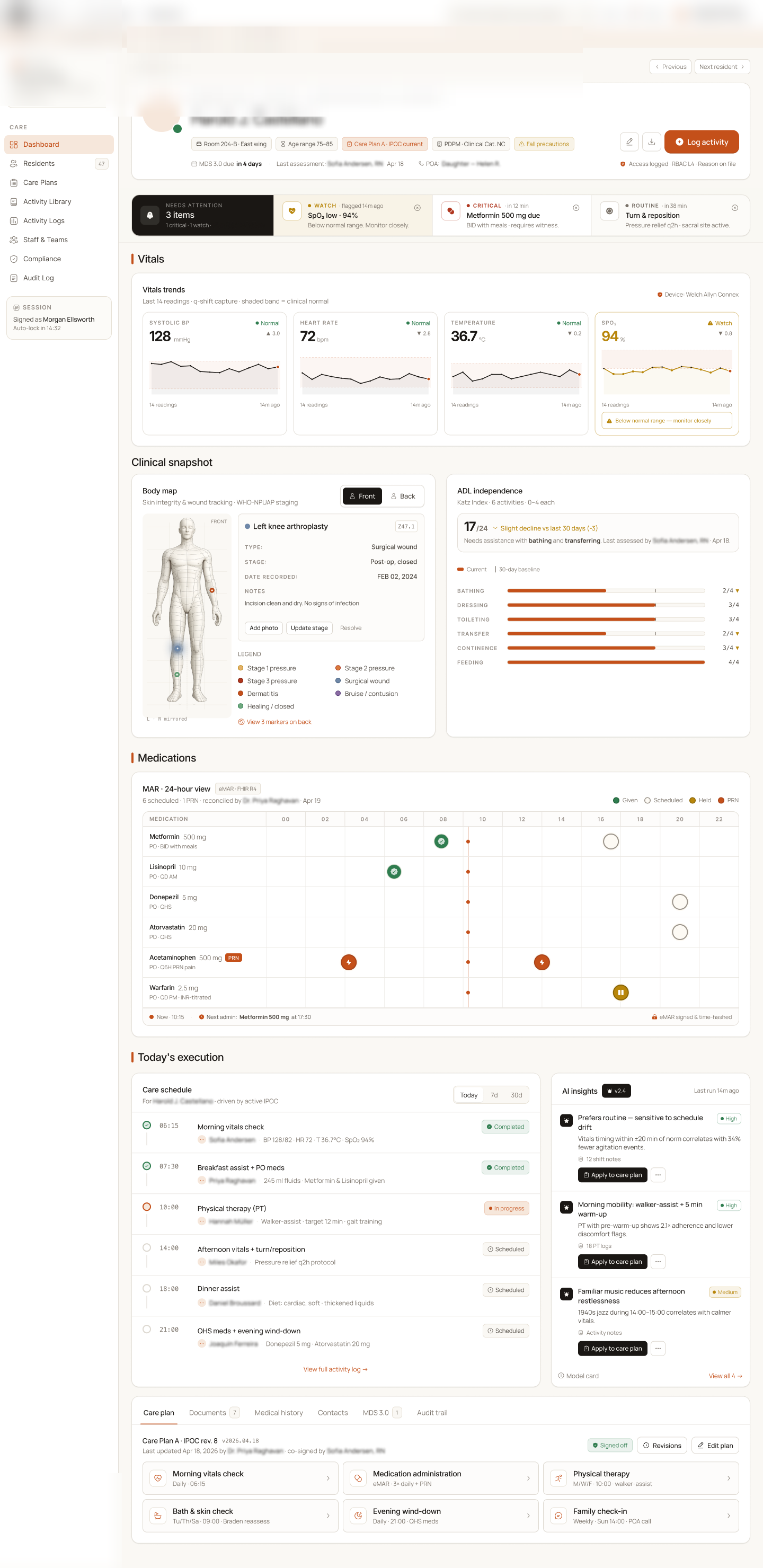 Resident profile view showing vitals with trend charts, clinical snapshot with body map, ADL independence scoring, medication administration record, today's care schedule, and AI-driven clinical recommendations.